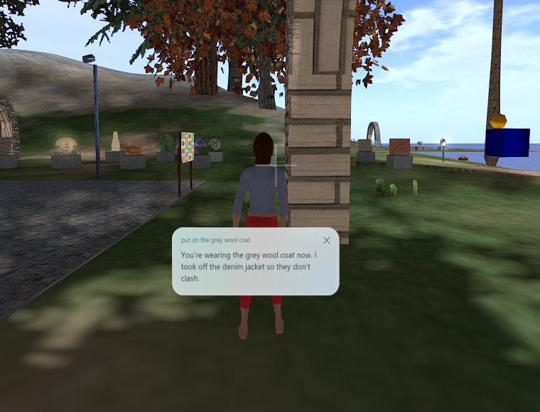 An avatar standing under autumn trees, and a small glass panel in front: the assistant's reply: “You’re wearing the grey wool coat now. I took off the denim jacket so they don’t clash.”